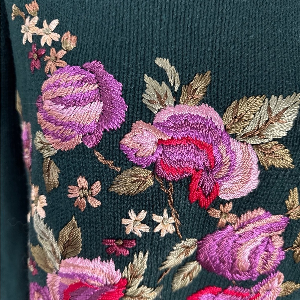 Vintage sweater with crewel embroidery and lace trim